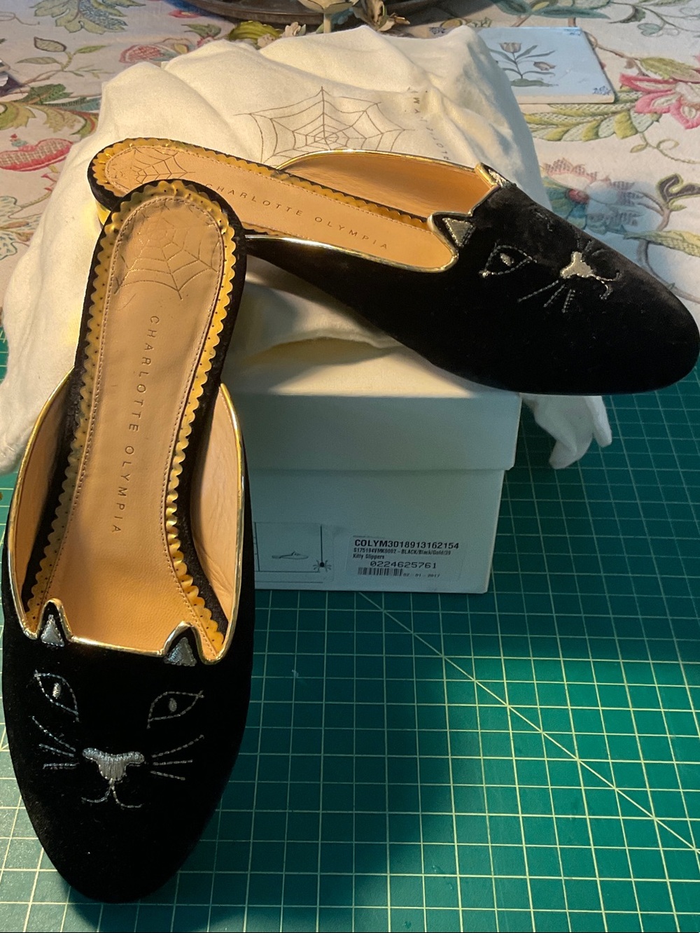 Charlotte Olympia black velvet “kitty slipper” mules